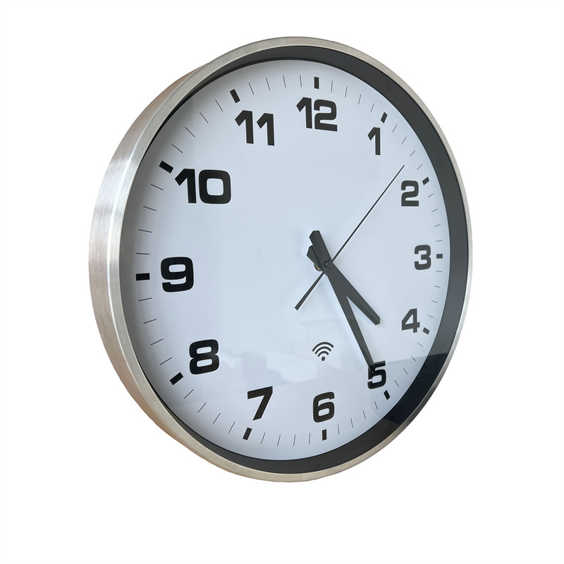15 Zoll große, runde, silberne Wanduhr mit WLAN-Funktion und analogem Modus, WLAN-fähig